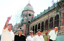 Congress leader Karan Singh reviews the renovation work at the Mubarak Mandi complex in Jammu on Monday