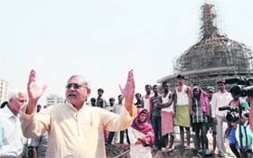 Bihar Chief Minister Nitish Kumar inspects the under construction Buddha Smriti Park in Patna on Monday.