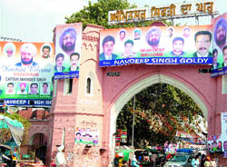 Historic Gandhi Gate (also known as Hall Gate) filled with hoardings to welcome former Chief Minister Amarinder Singh on his visit to the city on May 9