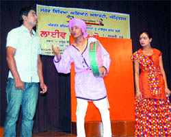 A scene of Punjabi play Jakhmi Roohein, staged by artistes from Ropar under Sarv Shiksha Abhiyan. The play attempted to sensitise the society that handicapped people are as much part of the society as others
