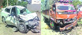 The badly damaged car and pickup truck involved in a head-on collision on the Chandigarh-Ludhiana road near Khamano on Tuesday.