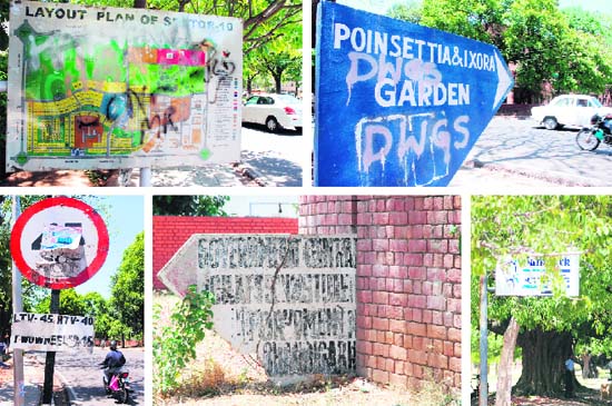 Clockwise: A signboard depicting the layout plan of Sector 10 has been defaced using spray paint; another defaced sinage of Poinsettia and Ixora Garden in Sector 11; an e-sampark centre signboard is hard to locate as it is covered by tree leaves; a dispensary wall eats into a sinage of Government Central Crafts Institute in Sector 11 and posters cover a signboard specifying speed limit in Sector 11, Chandigarh