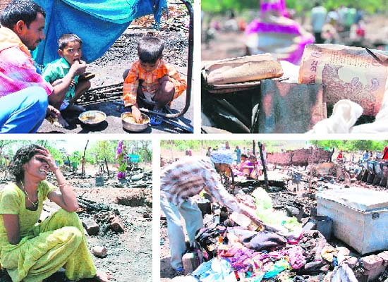 Clockwise from top: A jhuggi dweller offers meal to his children, the damaged currency, a man looks for his belongings and a woman laments her loss after a fire at a slum near the Mansa Devi Complex in Panchkula