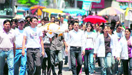 Rishikul Colleges medicos take out a symbolic funeral procession of the Principal in Haridwar on Wednesday