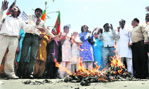 BJP activists protest in Ludhiana on Wednesday.