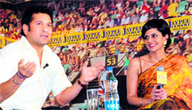 Sachin Tendulkar and actor Mandira Bedi during an interaction at Zirakpur on Thursday