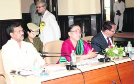 Uttarakhand Governor Margaret Alva addresses a seminar at the Raj Bhawan in Nainital on Thursday.