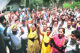 Employees of the J&K Forest Corporation and members of the J&K Non-gazetted Forest Officers Association hold a protest in Jammu