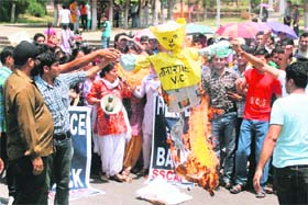 Members of the Students Scholars Committee Against Police Post burn the effigy of the Vice-Chancellor of Jammu University