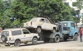 BACK TO BACK: A recovery van tows two vehicles in Jalandhar