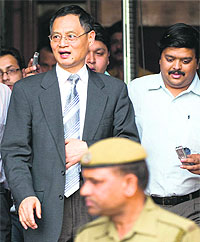 Chinese Ambassador to India Zhang Yan after a meeting with Home Minister P Chidambaram in New Delhi on Thursday. India is said to have raised concerns about Chinese telecom equipment near its sensitive border areas in J&K and Arunachal Pradesh.
