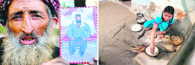 Mohammad Ismail, a migrant, shows the picture of his son who was beheaded by militants; and (right) a migrant girl makes chapatis on a traditional chullah.
