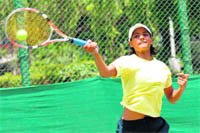 Vaibhavi Trivedi of Gujarat in action during the All-India Tennis Tournament being held at the CLTA Complex in Chandigarh