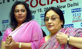 Sabrina Lal, sister of the slain model Jessica Lal, with Nilam Katara at a panel discussion on civil society and social justice in New Delhi on Saturday.