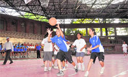 A girls match in progress at the District Sub-Junior (u-14) Basketball Championship in Dehradun on Saturday.