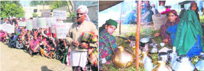 Gujjars hold a demonstration in Dehradun; and (right) a Gujjar family dera in a forest in Uttarakhand.