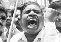 A BJP activist during a protest in Hyderabad on Saturday.