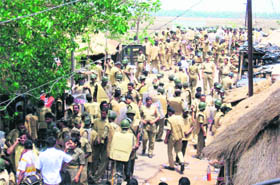 Hundreds of policemen deployed at the proposed Posco site at Balitutha in Jagatsinghpur in Orissa on Saturday.