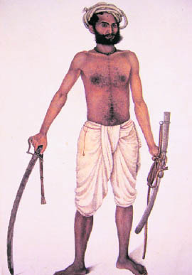 Kala in his native dress, with a drawn sword. Haryana, 1815-16.