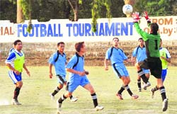 A match in progress at the Second Institutional League Football Tournament in Dehradun on Sunday.
