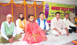 Mahamandleshwar Swami Vivekanand Saraswati speaks on the occasion of Parshuram Jayanti in Mussoorie on Sunday.