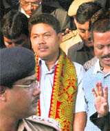 Arrested NDFB chairman Ranjan Daimary (C) being taken to a court in Guwahati on Sunday.