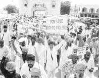 Activists of radical Sikh organisations protest outside Takht Damdama Sahib at Talwandi Sabo in Bathinda on Sunday. 