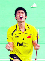 Chinas Lin Dan celebrates after winning his match on Sunday