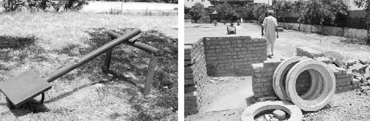 A damaged see-saw at a garden in Gulabgarh; and (right) a smashed wall of a garden near Nagar Khera at Dera Bassi. 