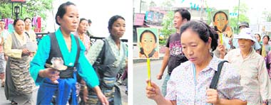 Tibetans hold a demonstration to demand the release of Panchen Lama in Mussoorie (left) and Dehradun on Monday. 