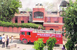 An industrial unit that caught fire in Faridabad on Monday.