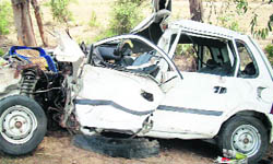 The mangled remains of the car in Fatehabad district on Monday.