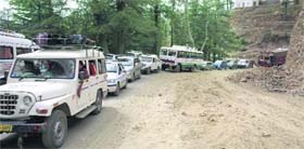 A traffic jam at Kufri, about 16 km from Shimla, on Tuesday. 