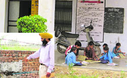 In the absence of fans, students of Government Primary School, Chhapar Chiri Kalan, study in the verandah; and (inset) a villager shows missing tap in the school.