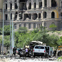 A view of the site of a suicide car bomb in Kabul 