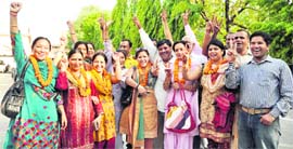 victorious members of the Dehradun Zila Panchayat in Dehradun on Thursday.