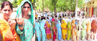 Voters show their inked fingers after casting their ballot on Thursday (Left) and Voters in serpentine queues at a polling booth in Nissing