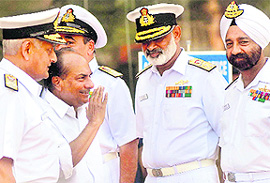 Defence Minister AK Antony with top officers at Naval Commanders conference in New Delhi on Thursday.
