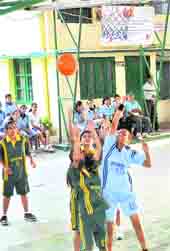 A match in progress at the 5th ONGC Uttarakhand State Sub-Junior (u-14) Basketball Championship in Dehradun on Saturday