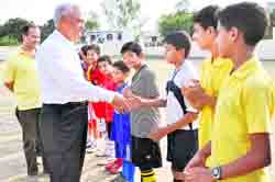 Lt Gen GS Negi (retd) being introduced to the participants of a football camp that concluded at the Marshall School 