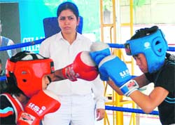 Boxers in action during a match in Chandigarh on Sunday. 