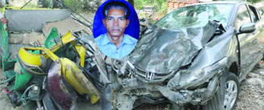 The mangled remains of the car and autorickshaw involved in the accident. Seen in the inset is the driver of the autorickshaw who was killed in the mishap. 