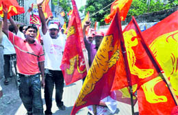 Forward Bloc workers at a rally for municipal polls in Azimganj, West Bengal, on Sunday
