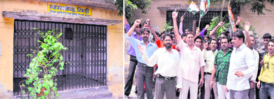 A defunct health centre at Tibdi and (right) residents hold a protest 