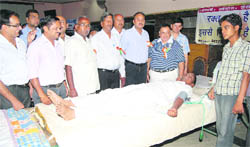 Members of the Bharat Vikas Parishad at a blood donation camp held at Tohana to mark the parishads foundation day