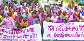 Members of Istri Jagriti Manch block the Nakodar-Jagraon Road on Monday.