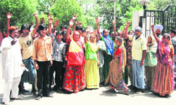 A tribal community from Rajasthan stages protest against water shortage at the Ludhiana Municipal Corporation office