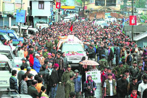 The funeral procession of Madan Tamang in Darjeeling on Monday.