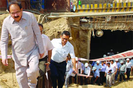 Finance urban development minister A.K. Walia inspects an under-construction underground tunnel at Connaught Place in New Delhi on Tuesday.