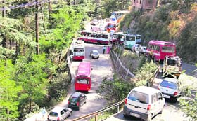 Traffic jam at Khalini near Shimla on Tuesday. 